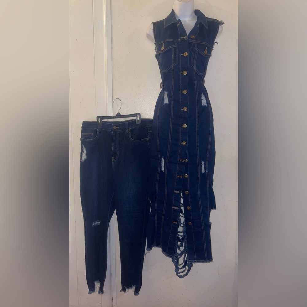 Denim Distressed Maxi Vest with Button Front and Matching Distressed Jeans - Picture 3 of 7